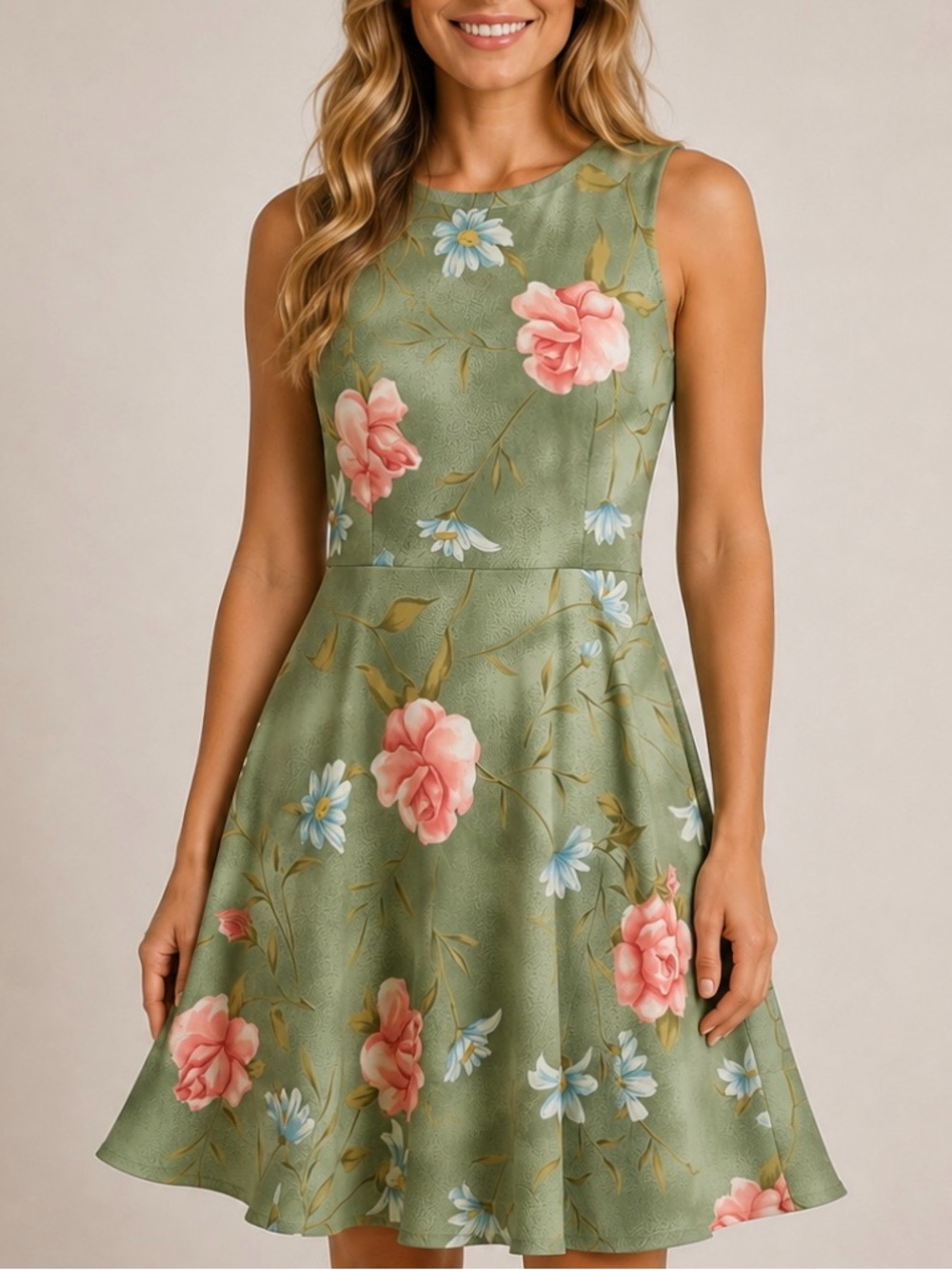 Sarah Richards Green Floral Dress Womens Sleeveless Fit Flare Belted